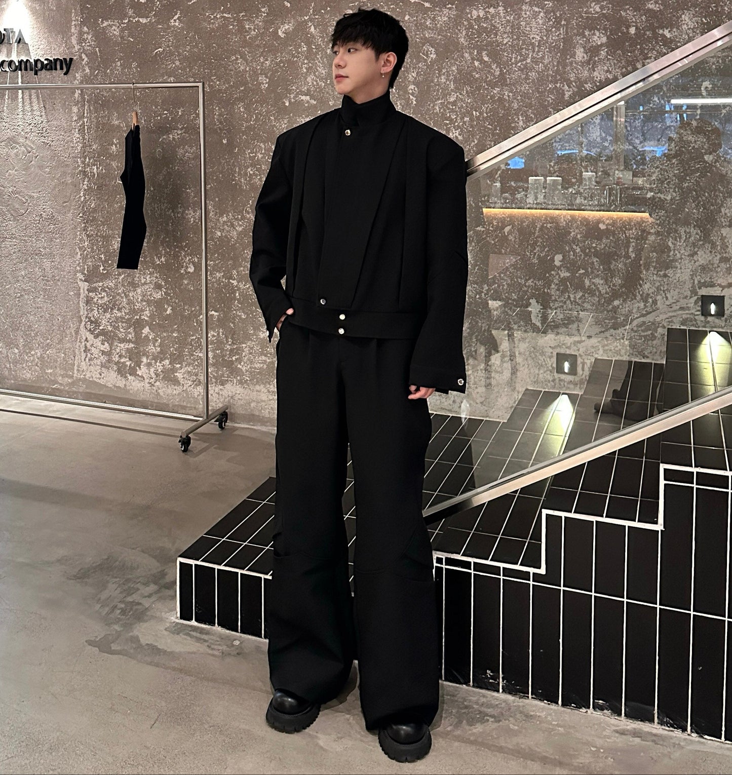 Standing-Collar Short Jacket & Wide Leg Pants Setup WN25286