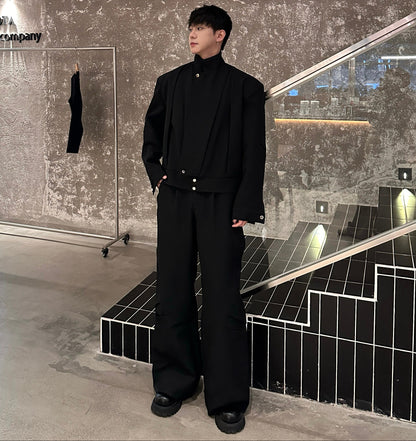 Standing-Collar Short Jacket & Wide Leg Pants Setup WN25286
