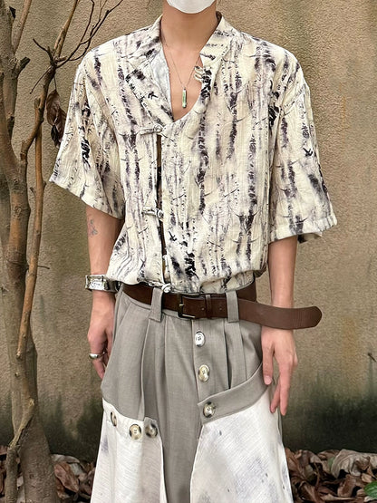 Tie-Dye Frog Button Standing-Collar Short Sleeve Shirt WN19977