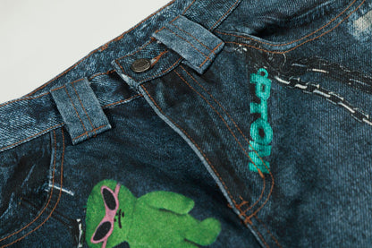 Washed 3D Print Curved Wide Leg Denim Jeans WN25920