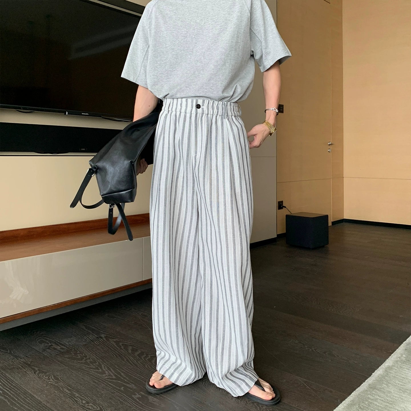 Striped Cotton Elastic Waist Wide Leg Straight Pants WN20442