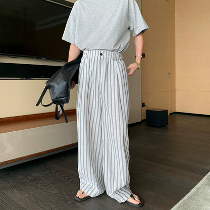 Striped Cotton Elastic Waist Wide Leg Straight Pants WN20442