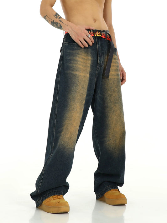 Washed Yellow Mud Dyed Wide-Leg Straight Denim Jeans WN5749