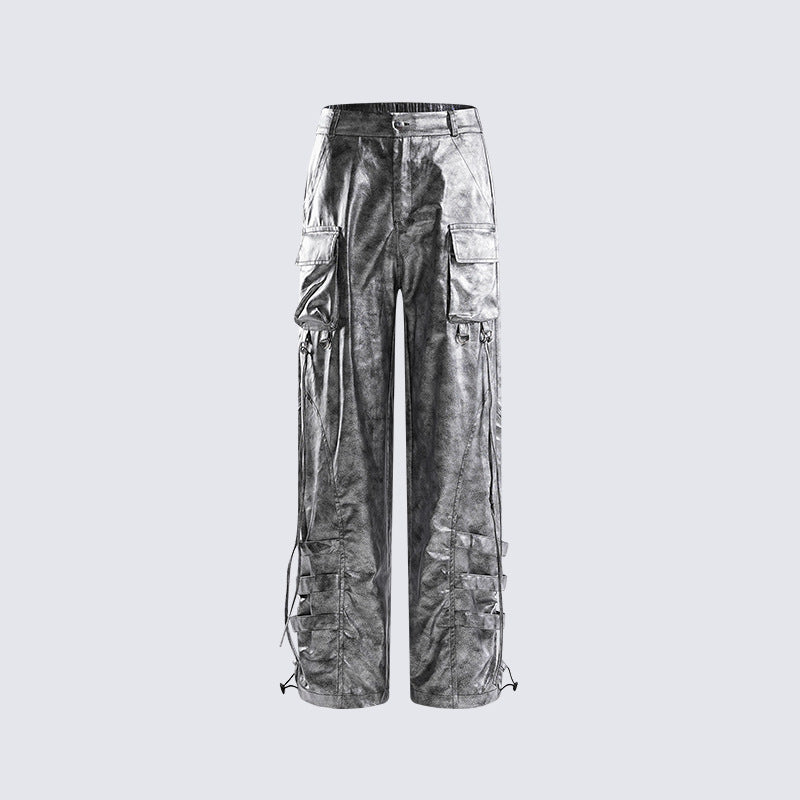 Metallic Multi-Pocket Wide Leg Cargo Pants WN27924