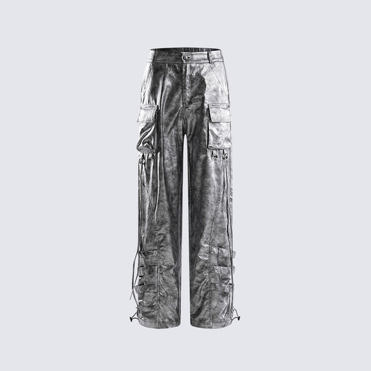 Metallic Multi-Pocket Wide Leg Cargo Pants WN27924