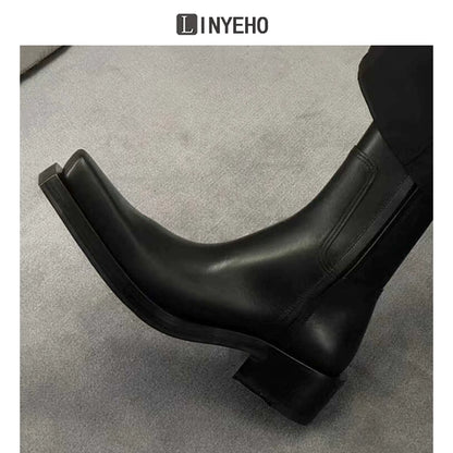 Square Toe Chunky Sole Leather Upturned Toe Chelsea Boots WN20603