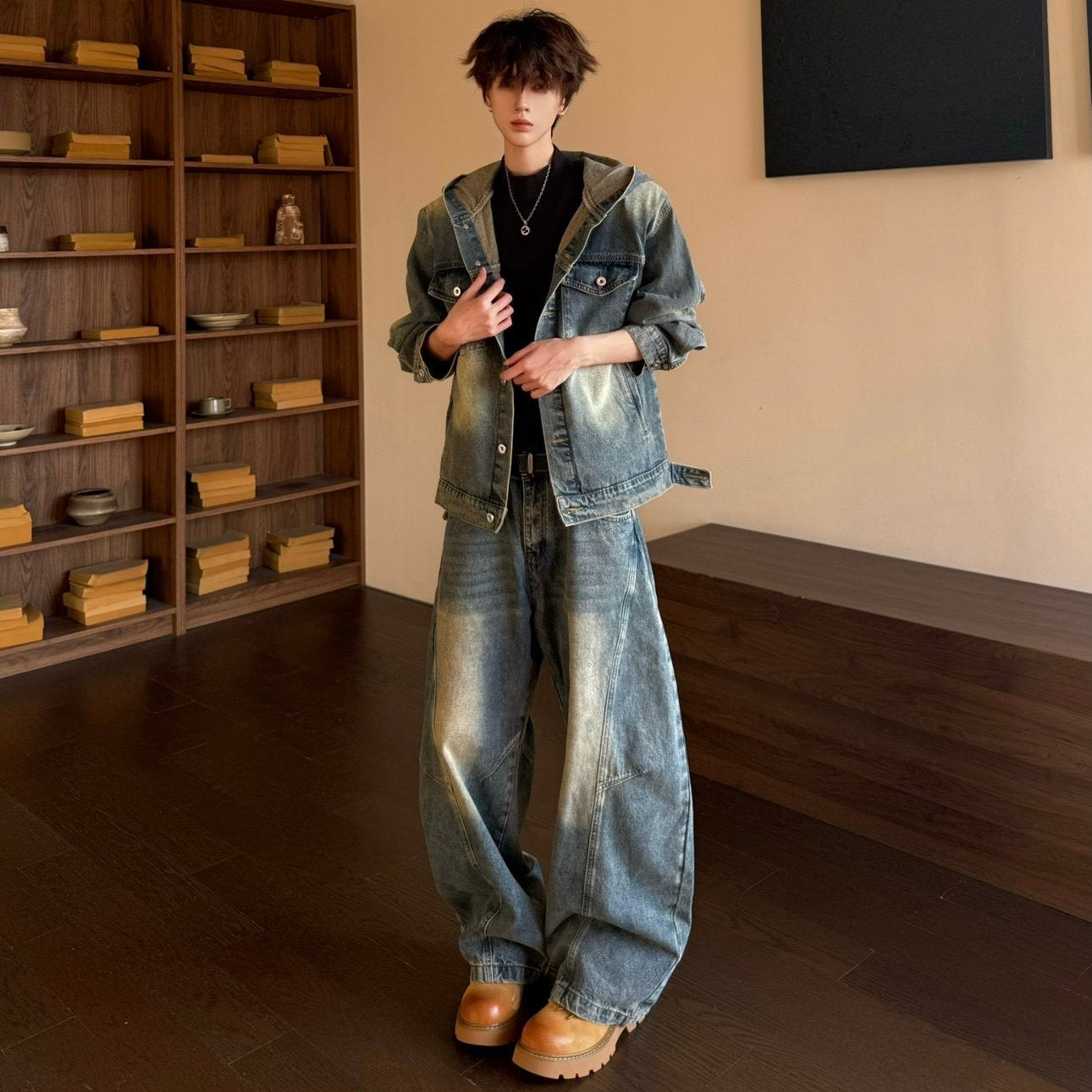 Washed Deconstructed Hooded Jacket & Curved Denim Jeans Setup WN23149