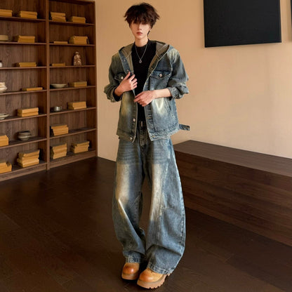 Washed Deconstructed Hooded Jacket & Curved Denim Jeans Setup WN23149
