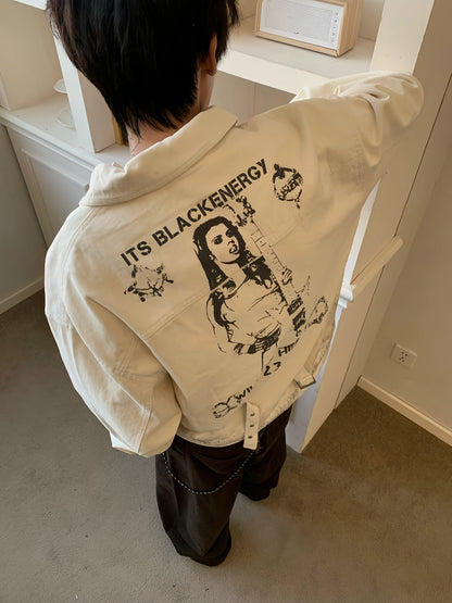 Washed Portrait Print Denim Short Jacket WN22240