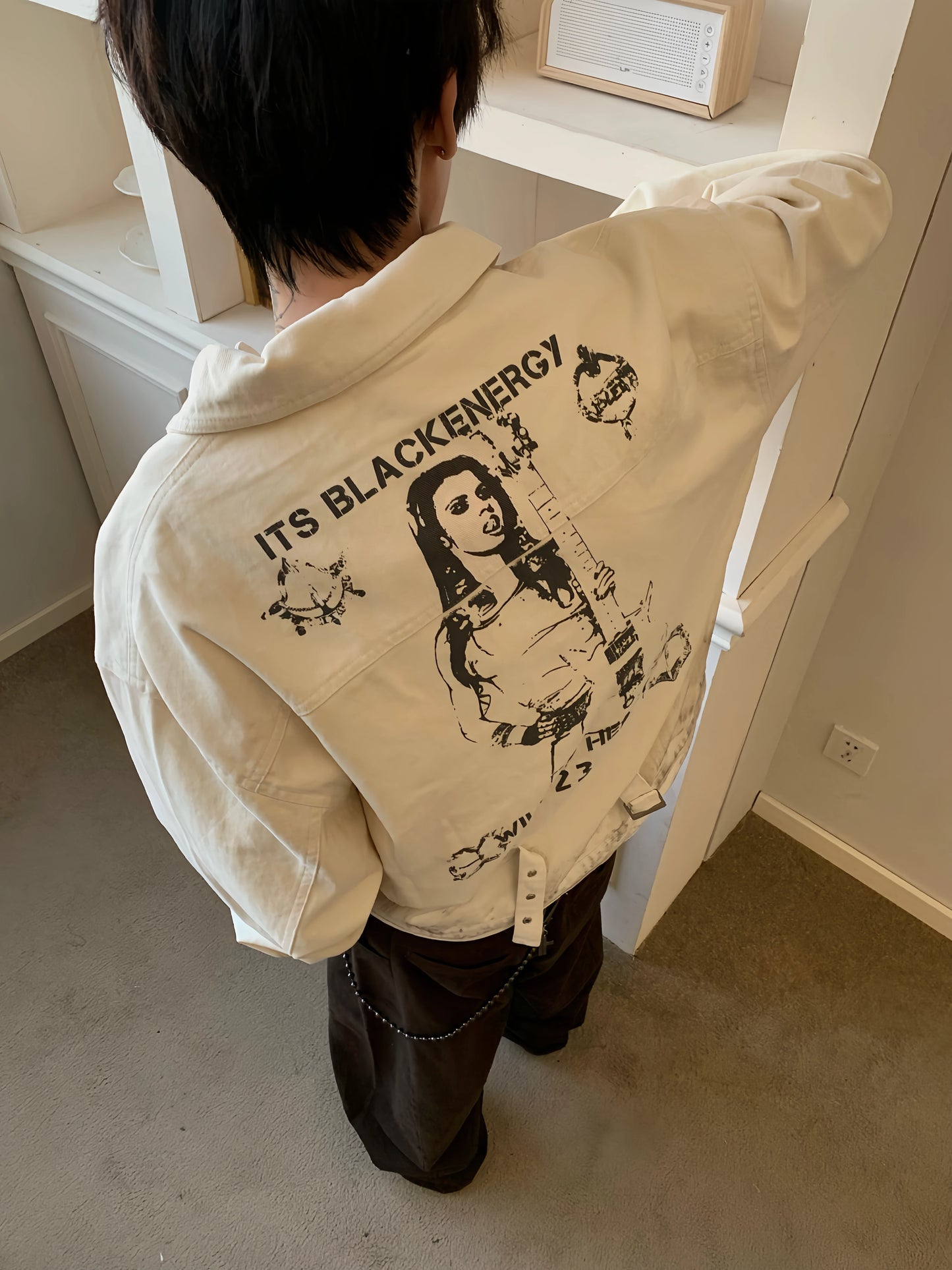 Washed Portrait Print Denim Short Jacket WN22240