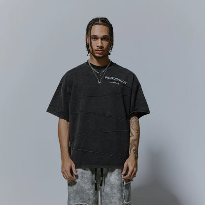 Washed Irregular Line Letter Print Short Sleeve T-Shirt WN17502