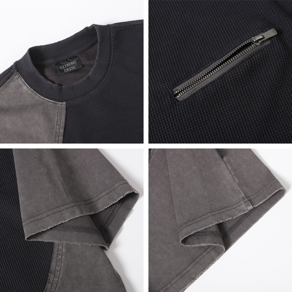 Waffle Panel Zip Design Short Sleeve T-Shirt WN26751