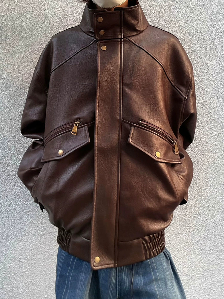 Stand Neck Oversize Windproof PU Leather Jacket WN19987