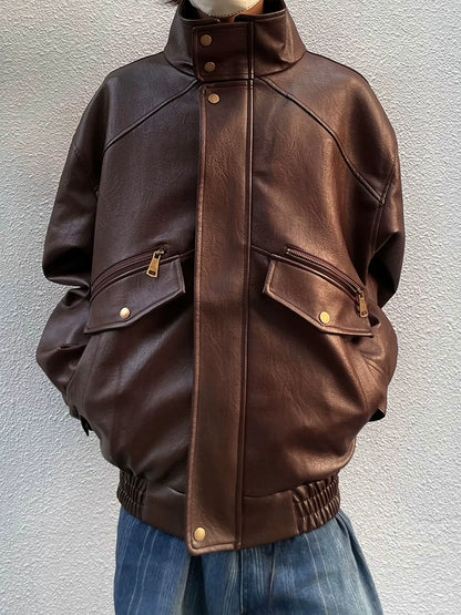 Stand Neck Oversize Windproof PU Leather Jacket WN19987