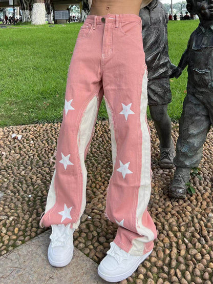 Star Print Wide Leg Straight Denim Jeans WN24105