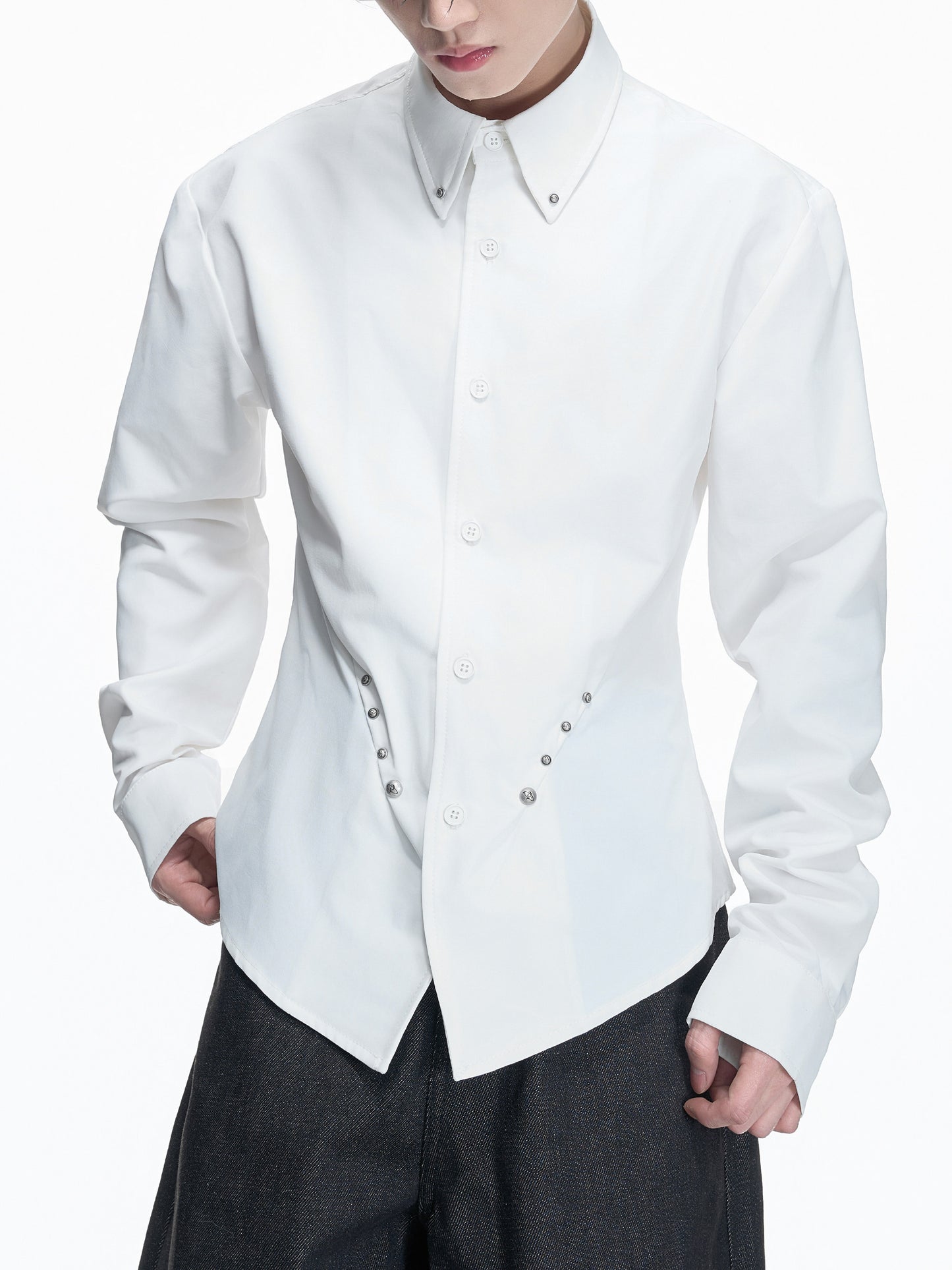Heavyweight Rivet Waist-Cinched Puff Sleeve Long Sleeve Shirt WN23550