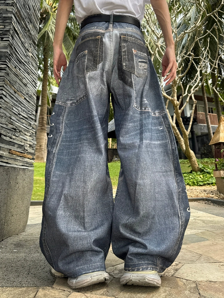 3D Print Wash Wide Leg Denim Jeans WN20741