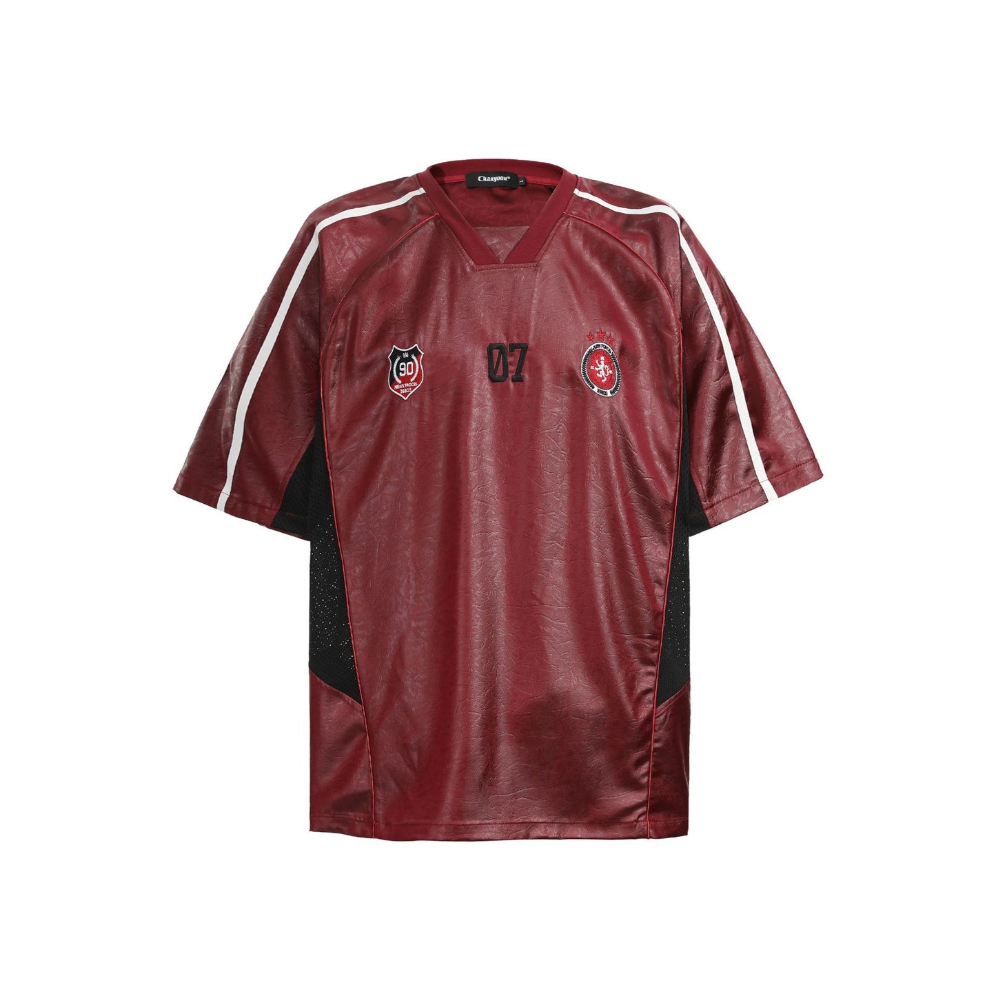 Chest Emblem PU Leather Stitching V-Neck Oversize Short Sleeve T-Shirt WN25655