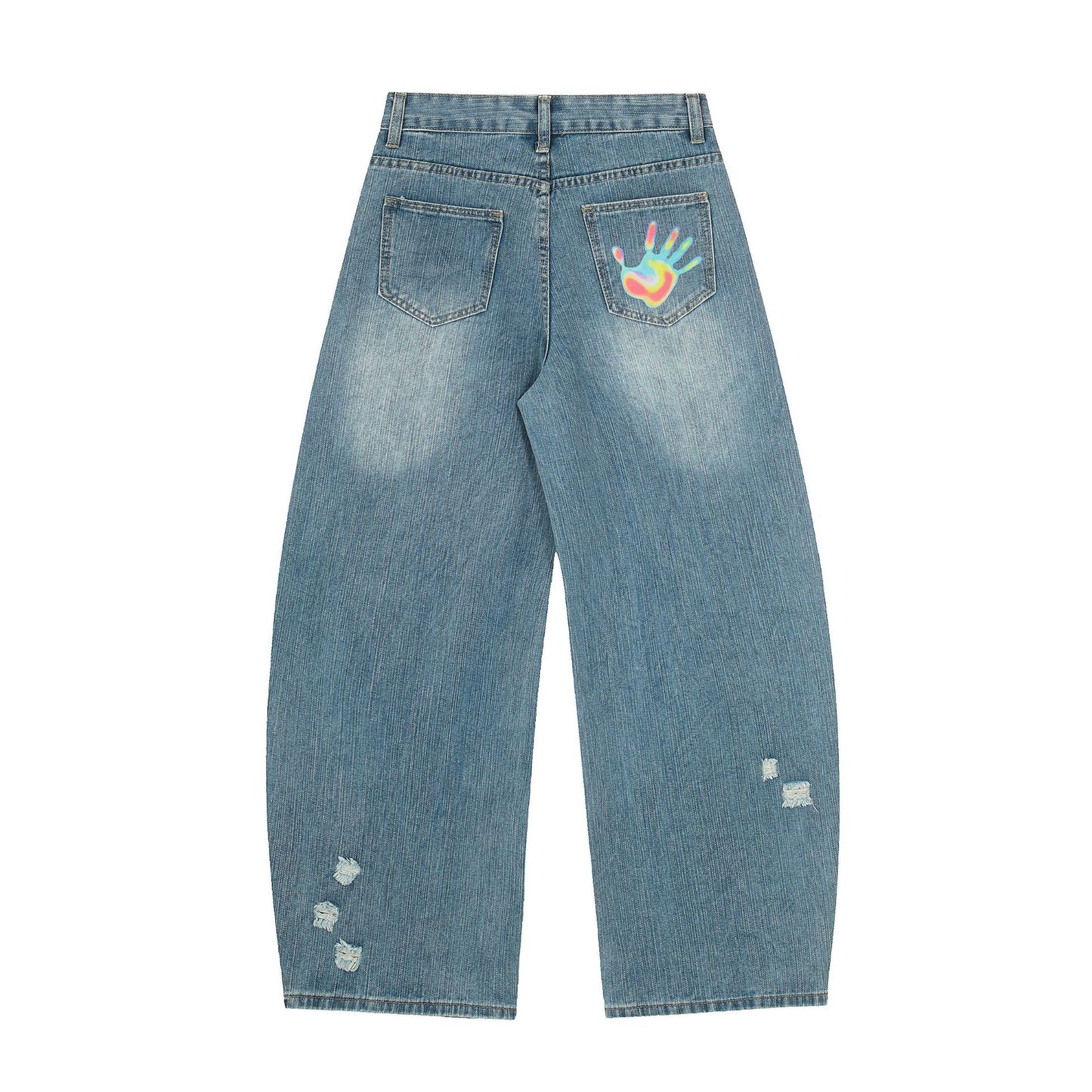 Star Heart Print Curved Wide Leg Denim Jeans WN25731