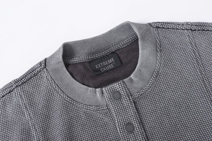 Half-Open Collar Check Wash Damage Short Sleeve T-Shirt WN25643