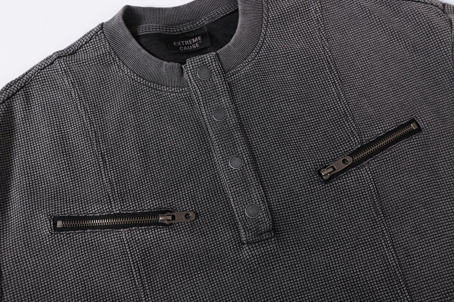Half-Open Collar Check Wash Damage Short Sleeve T-Shirt WN25643