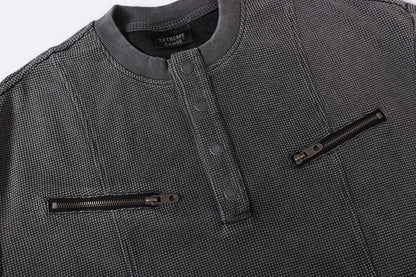 Half-Open Collar Check Wash Damage Short Sleeve T-Shirt WN25643
