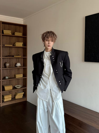 Metal Buckle Standing-Collar Shoulder-Pad Tailored Jacket WN23177