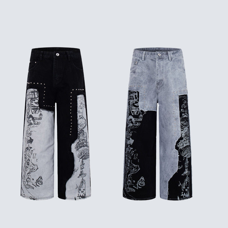 Two-Tone Graphic Panel Studs Wide Leg Denim Jeans WN27813