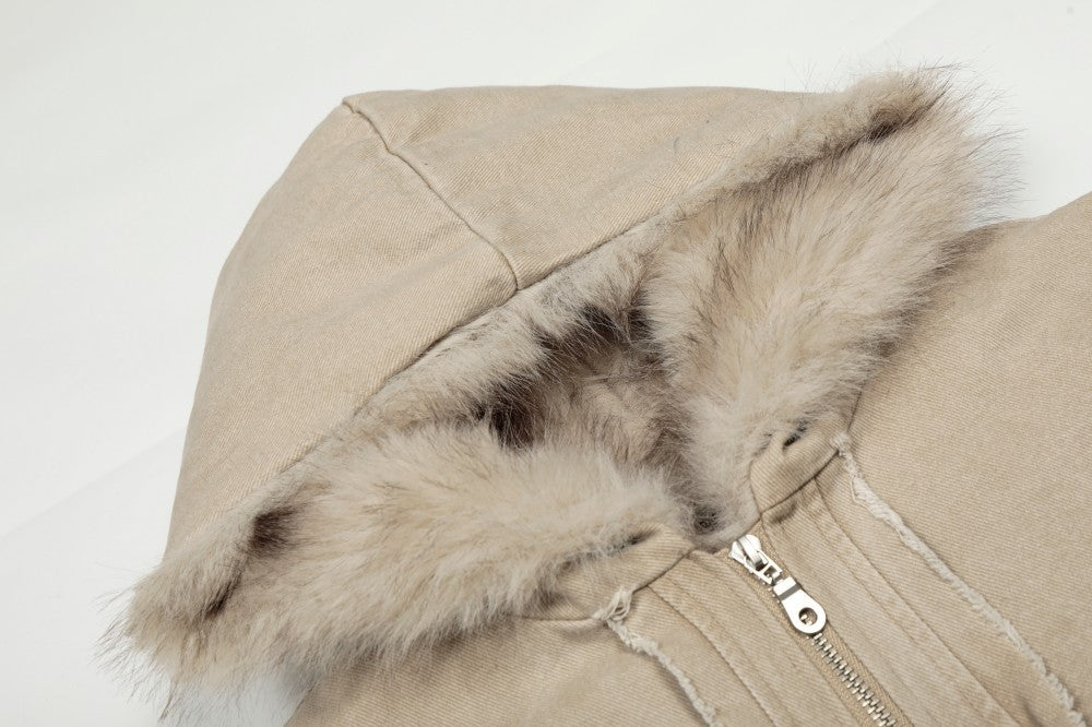 Fake Fur Collar Hooded Washed Canvas Puffer Jacket WN27836