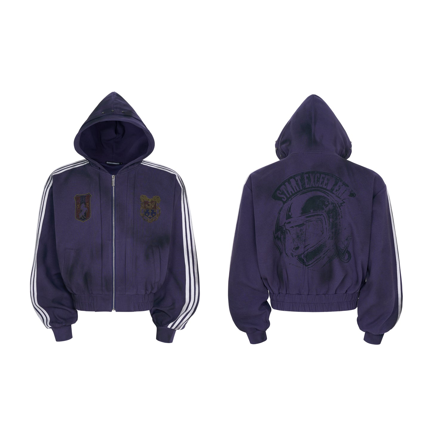 Four Stripe Damage Badge Embroidery Double Layer Hooded Jacket & Sporty Pants Setup WN23269