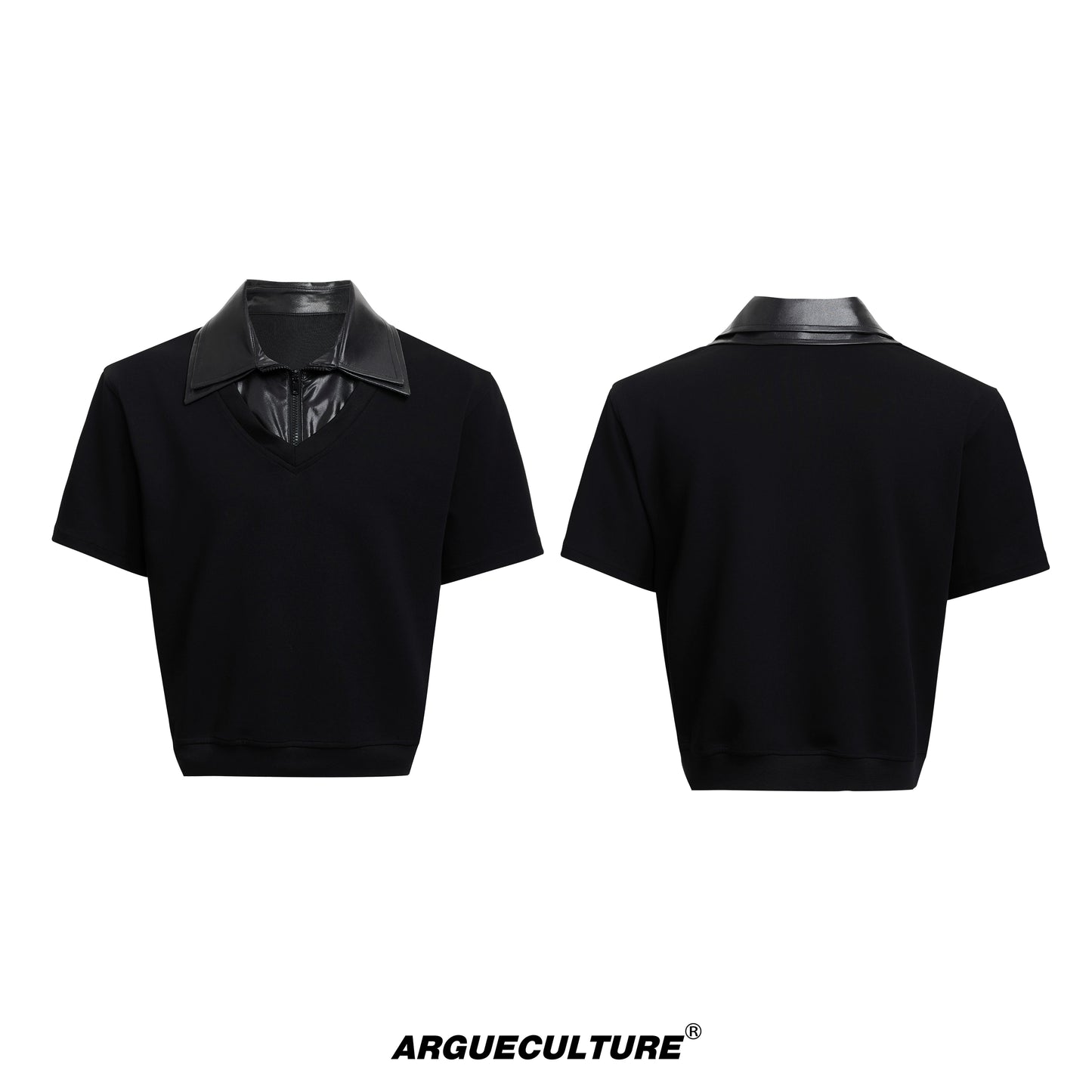 Glossy Double Collar Fake Layered Short Sleeve T-Shirt & Wide Leg Pants Setup WN18371