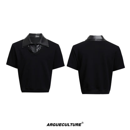 Glossy Double Collar Fake Layered Short Sleeve T-Shirt & Wide Leg Pants Setup WN18371