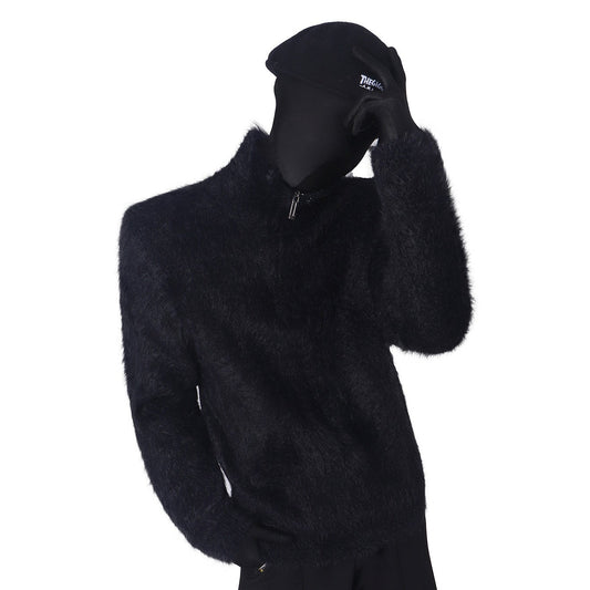 Fuzzy Collar Half Zipper Oversize Knit Sweater WN23779