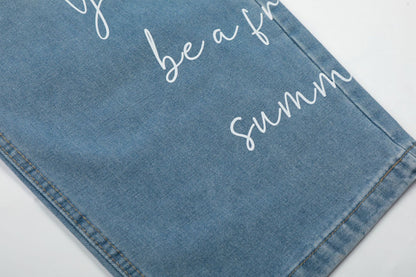 Washed Letter Print Wide Leg Denim Jeans WN25563