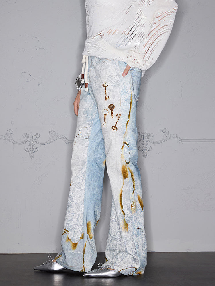 Burnout Lace Patchwork Digital 3D Print Flare Denim Jeans WN17961