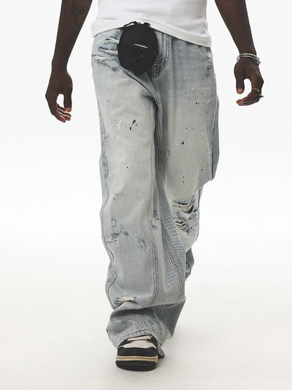 Damage Center Seam Washed Wide Leg Denim Jeans WN17791