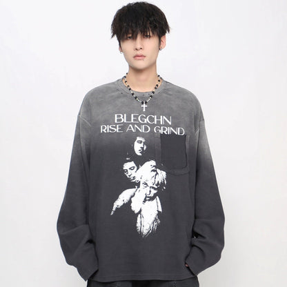 Gradient Damage Pocket Letter Print Long Sleeve T-Shirt WN21029
