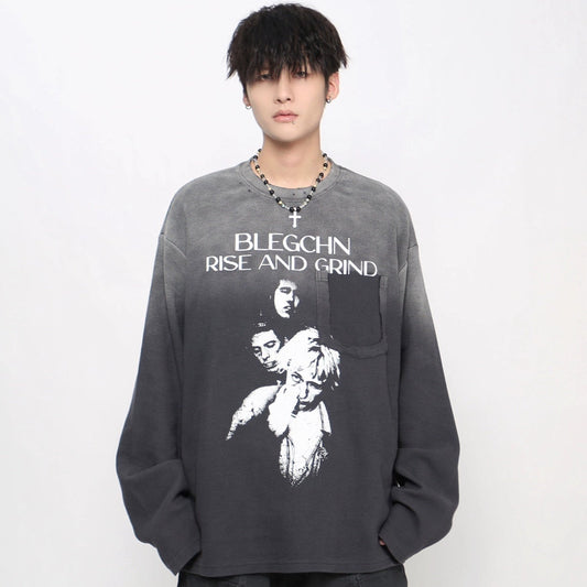 Gradient Damage Pocket Letter Print Long Sleeve T-Shirt WN21029