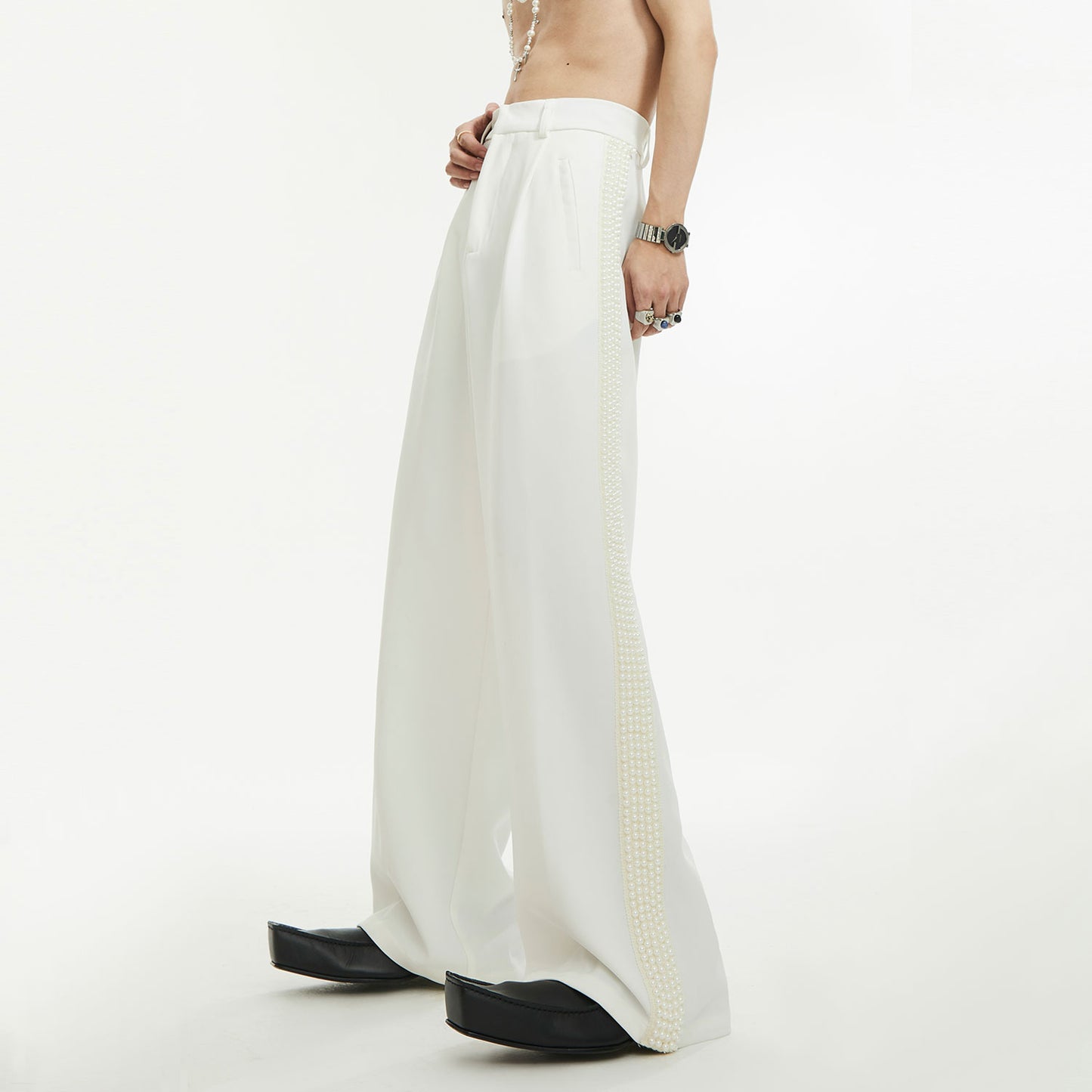 Pearl Detail Shoulder-pad Tailored Jacket & Draping Wide Leg Trousers Setup WN15447