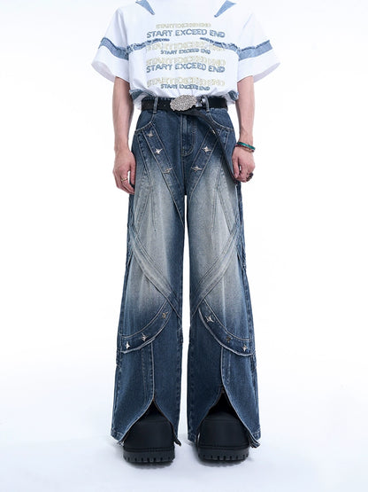 Wash Metal Zipper Design Wide Leg Denim Jeans WN8077