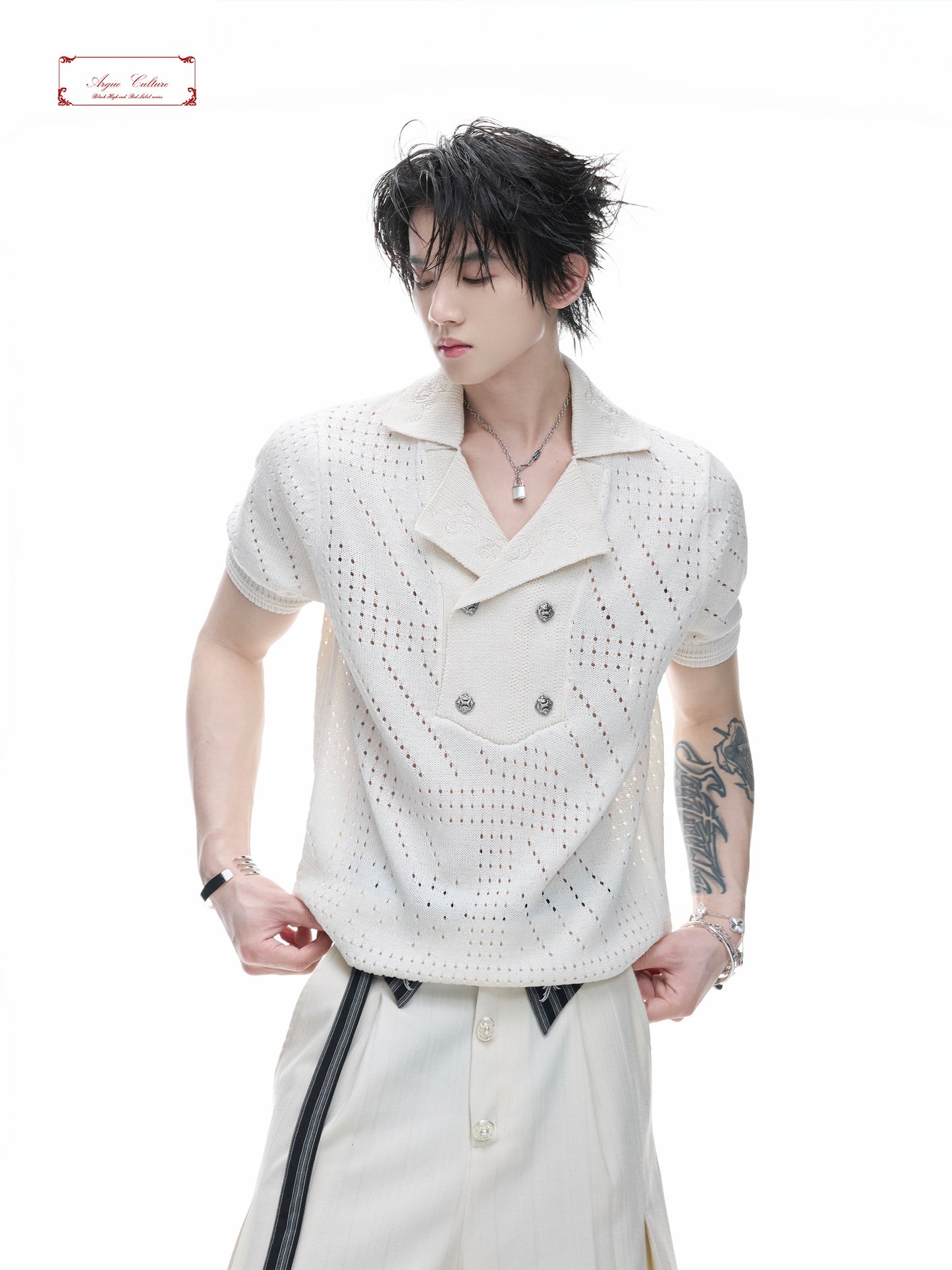 Openwork Embroidery Short Sleeve Summer Knit Shirt WN27017