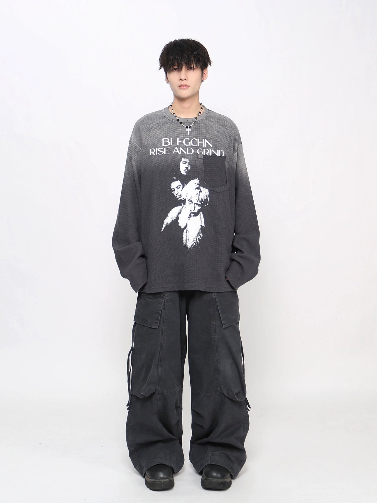 Gradient Damage Pocket Letter Print Long Sleeve T-Shirt WN21029