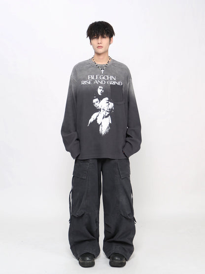 Gradient Damage Pocket Letter Print Long Sleeve T-Shirt WN21029