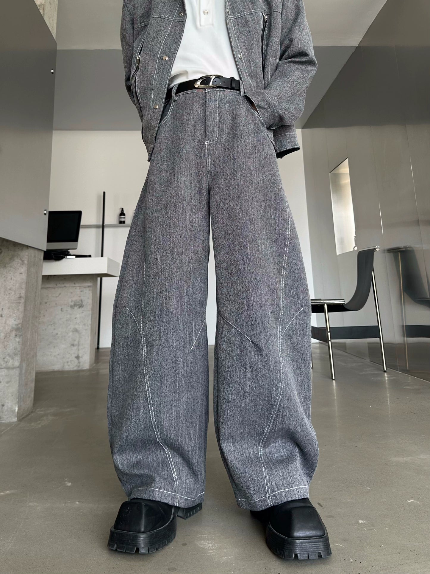 Zipper Design Jacket & Curved Wide Leg Pants Setup WN16769