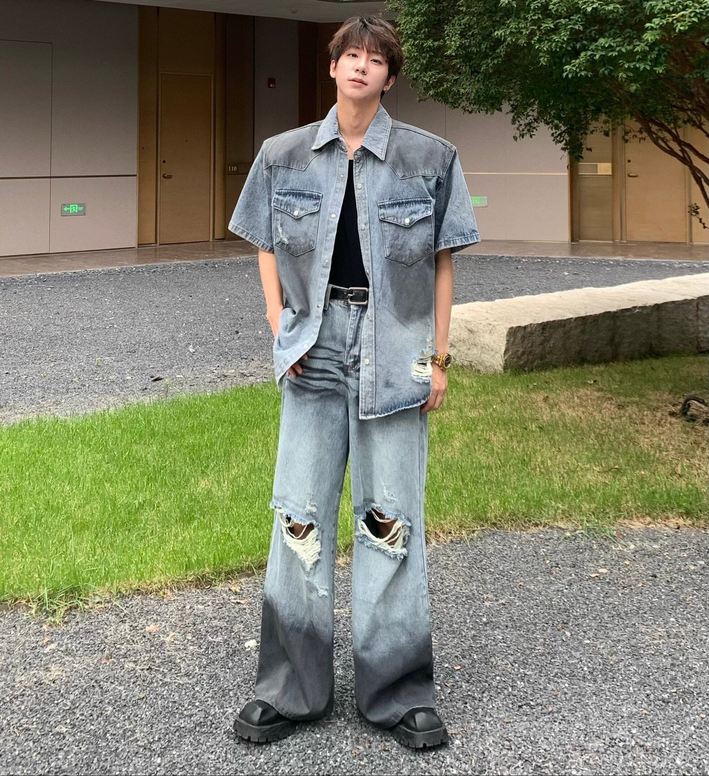 Damage Wash Shoulder-pad Denim Short Sleeve Shirt & Damage Wide Leg Denim Jeans Setup WN25233