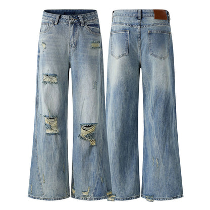 Washed Damage Wide Leg Micro Flare Denim Jeans WN16551