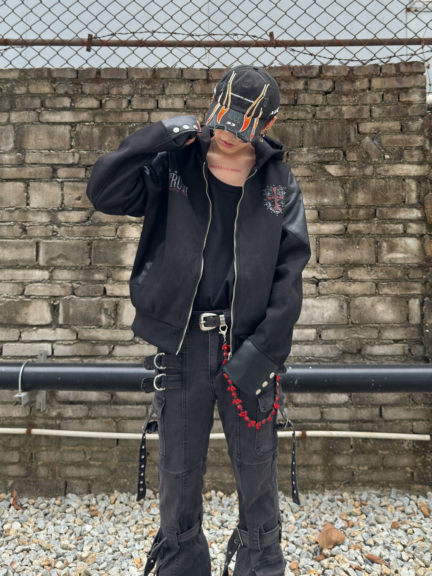 PU Leather Mix Suede Short Jacket WN22982