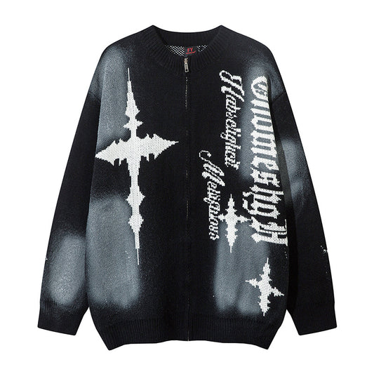 Graffiti Spray Paint Zipper Knit Cardigan WN11432