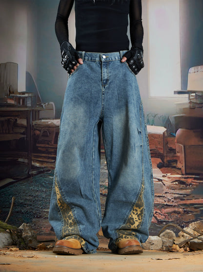 Deconstruction Splicing Leopard Washed Wide Leg Denim Jeans WN21361
