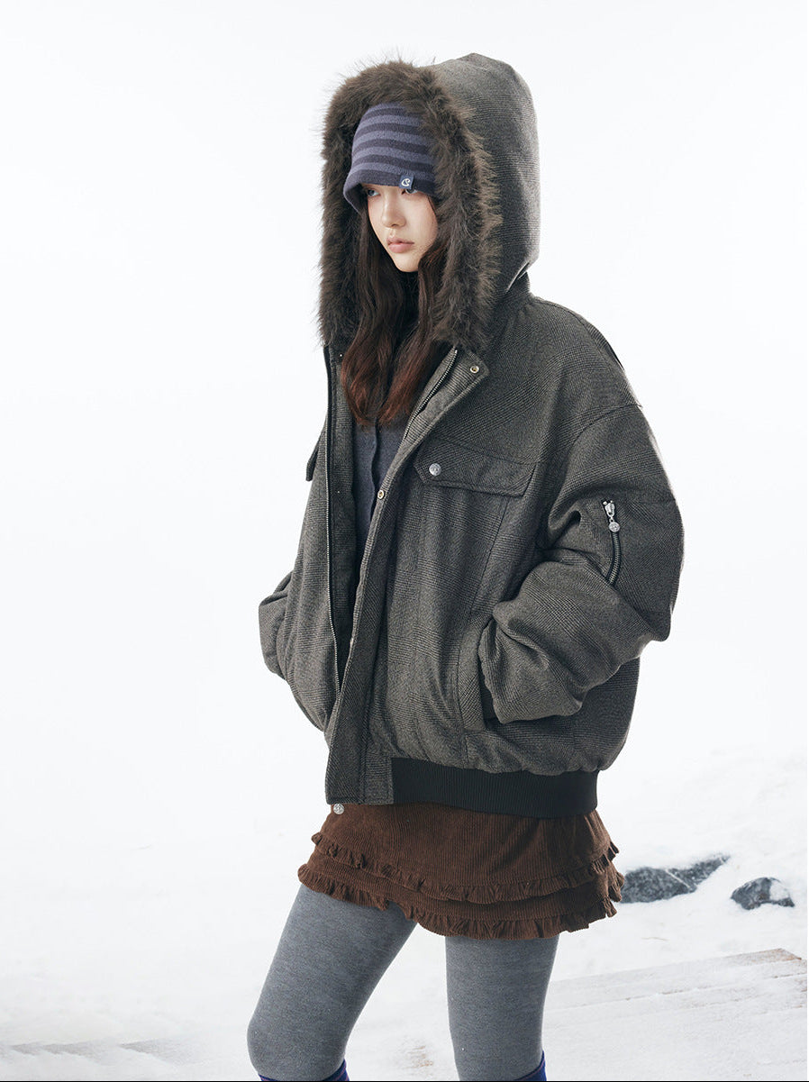 Hooded Fake Fur Collar Plaid Puffer Jacket WN21913